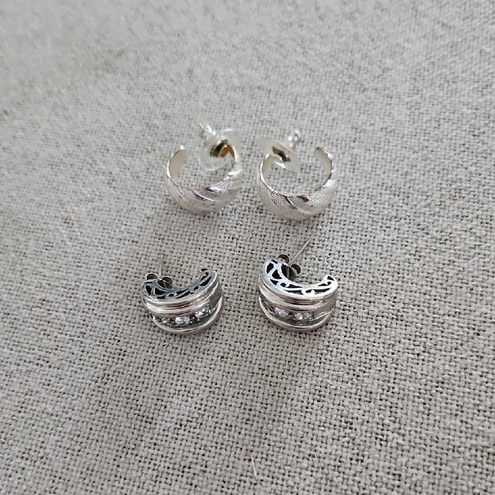 Set of Silver-Tone Filigree Hoop Earrings with Crystal Accents
